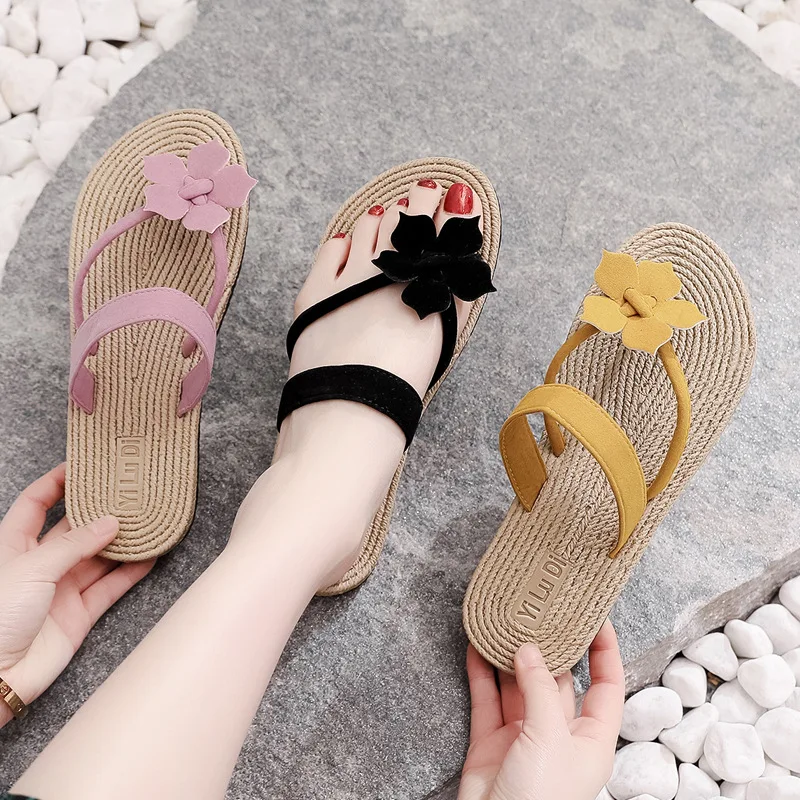

Imitation Straw Travel Espadrille Sandals Korean Tide Wear Rubber-plastic Bottom Flat Beach Flat-heeled Flowers Women's Slippers
