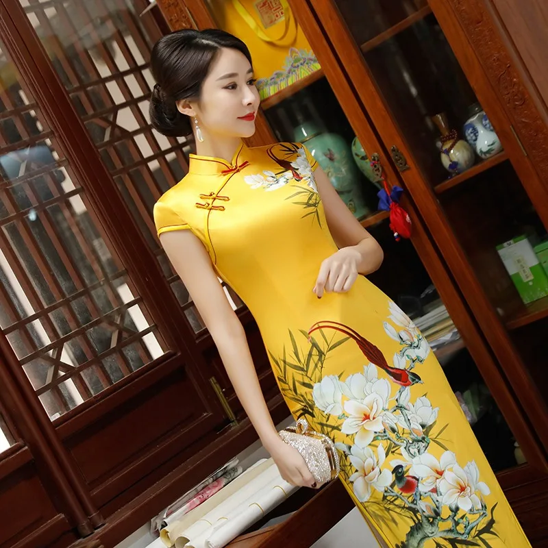 Желтое винтажное вечернее платье свадебное невесты традиционный Ципао