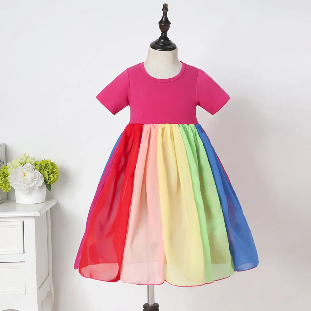 

Summer Girls Short Sleeve Dress 2020 INS Long Rainbow Color Stitching Dresses for Kids Children's Clothes Dress For Girl 1-6Y 04