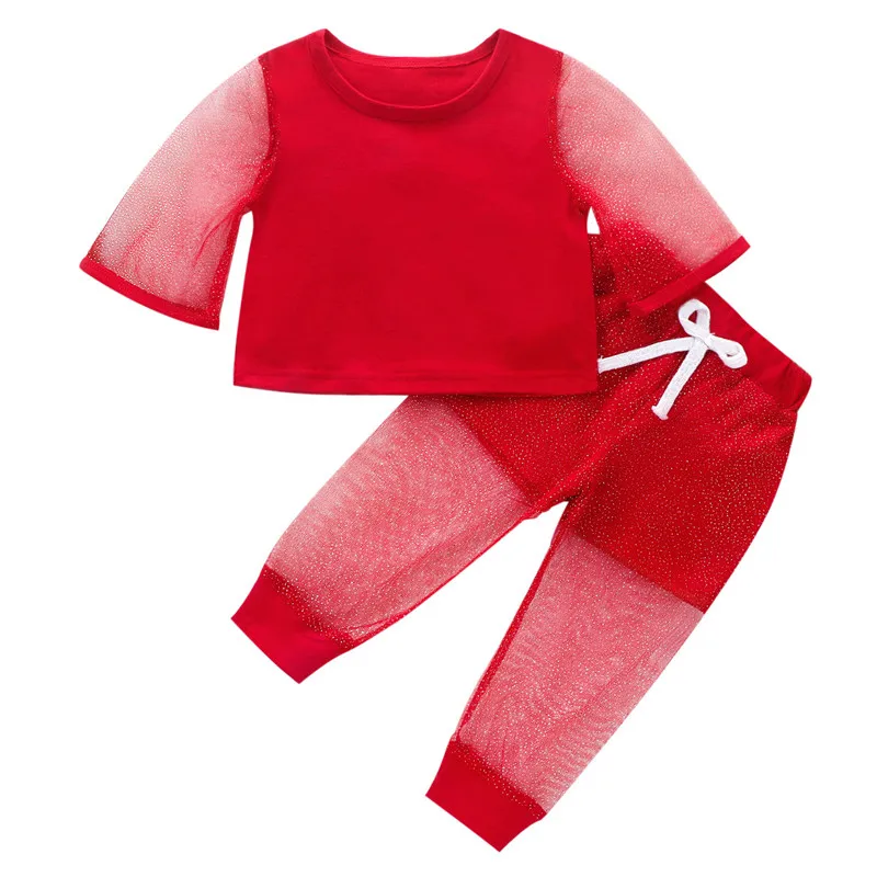 

2021 summer girl new suit little girl solid color stitching mesh yarn T-shirt + shorts cotton casual breathable two-piece suit