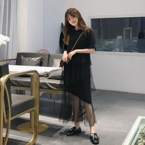 

New Spring Summer Women Mesh Patchwork Casual Dresses Ladys O Neck Short Sleeve High Waist Midi Long Dress