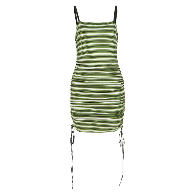 

Kywommnz Women Fashion Striped Drawstring Strap Dress 2021 Summer New Style Slim Halter Sling Dress E2529