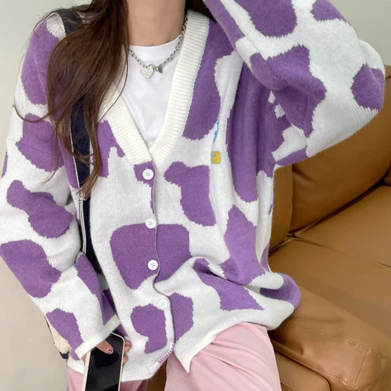 

Vintage Elegant Print Milk Pattern Sweater Women Loose Casual Purple Oversized Cardigan Korean Black Student Pullover New
