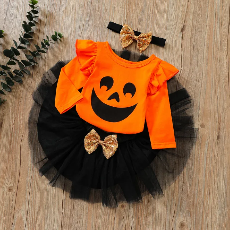 

Костюм на Хэллоуин для малышей, комбинезон с круглым вырезом и длинными рукавами, юбка-пачка, повязка на голову для девочек 0-18 месяцев, 3 шт.