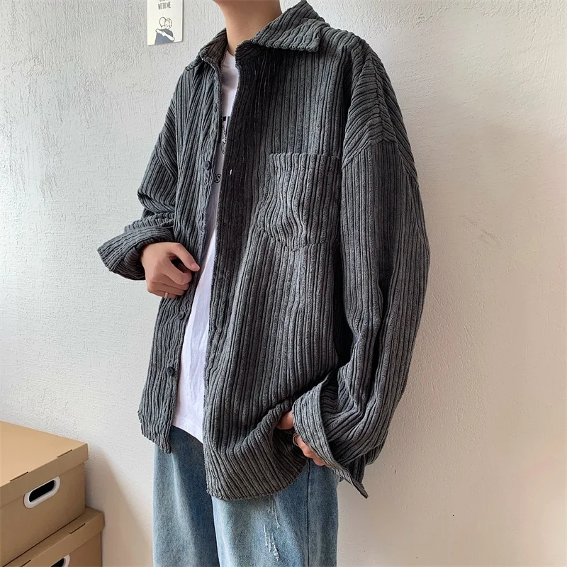 Autumn Corduroy Shirt Men Fashion Retro Solid Color Cotton Casual Shirt Man Streetwear Wild Loose Long-sleeved Shirts Men M-2XL