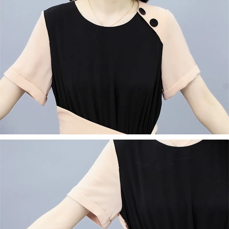

4XL Contrast Stitching Oversized Dress Pulse Size O-Neck Short Sleeve Pleated Dresses 2021 Summer Belt Thin Waist Women Clothes