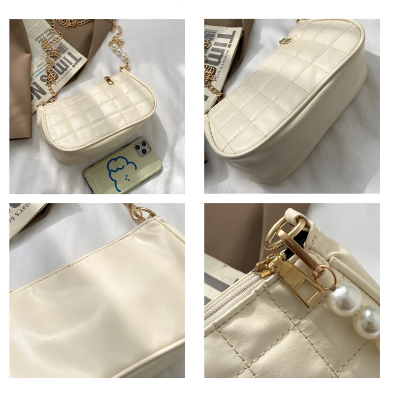 

High Quality PU Leather Ladies Pearl Chain Shoulder Bag Fashion Simple Women Plaid Small Square Bag Female Tote Purse Handbags