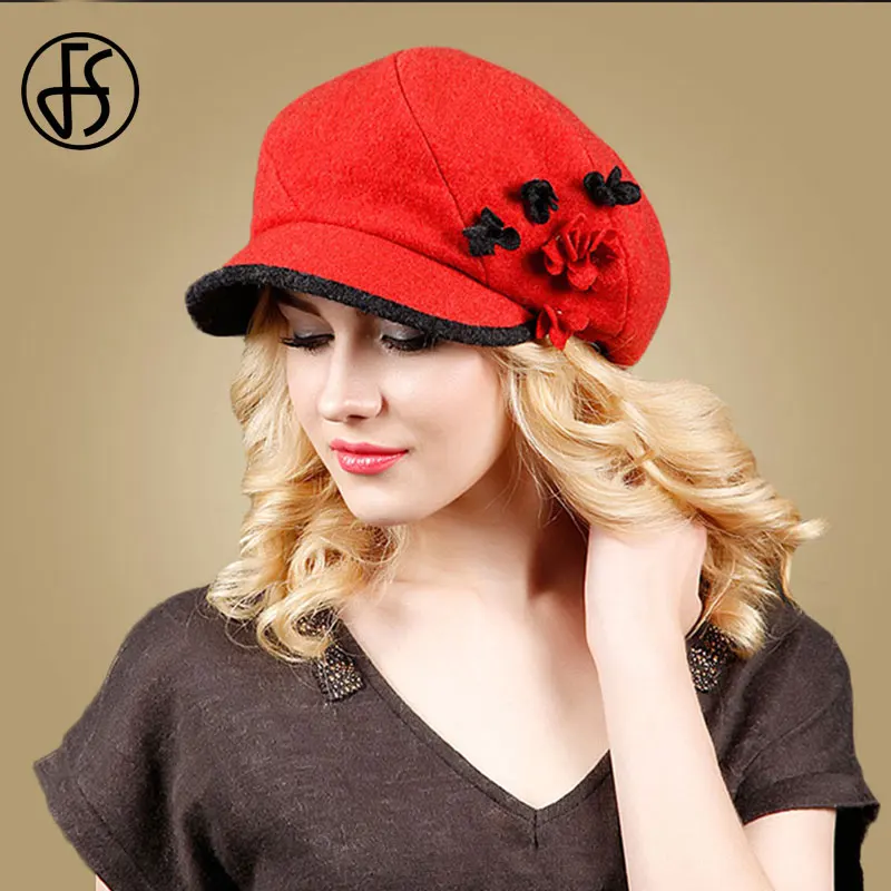 FS модная Зимняя кепка Newsboy Женская шерстяная шапка синий хаки теплый берет шапки