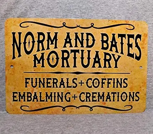 Señal de Metal Norm y Bates, funerales, cafés de la muerte, morticida, ciencia muerta, Gore, utilería de Horror, garaje de aluminio