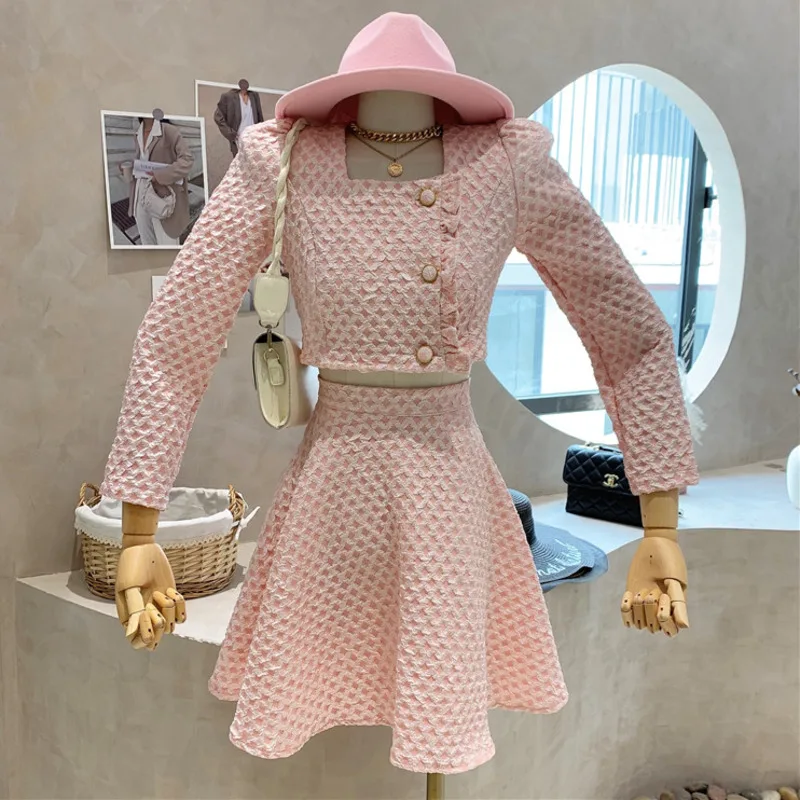 

Женский Повседневный костюм из двух предметов, короткий топ и блузка с коротким рукавом и юбка в Корейском стиле