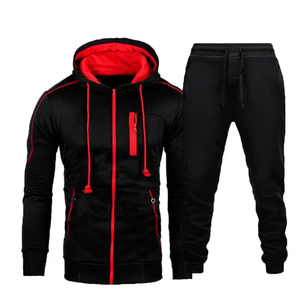

2021 New Simple Men Tracksuit Set Color Block Hooded Men Long Sleeve Zipper Drawstring Hooded Sweatshirts Pants for Casual Sport