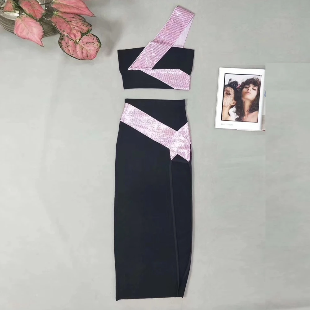 

2020 Women Two 2 Pieces One Shoulder Black Patchwork Bandage Dress High Split Vestidos Sexy Summer Celebrity Party Wholesale
