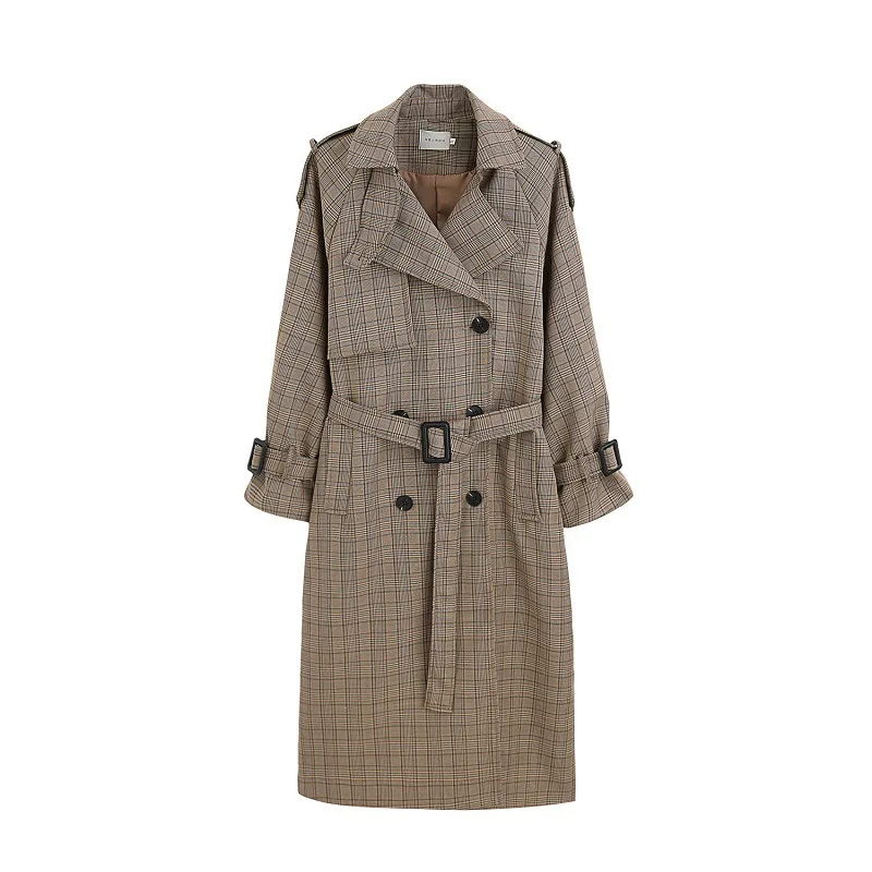 

Women's Trench coat 2020 Autumn New Plaid Lapel Double-breasted With belt slimming Medium Length Korean Jacket