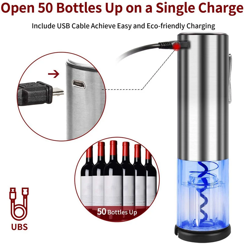 

2 Set Electric Wine Opener,USB Rechargeable Automatic Wine Bottle Corkscrew Opener with Cutter, Silver & Black