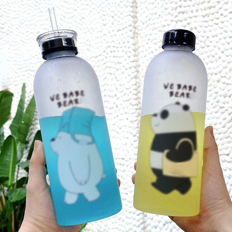 

1000ml Cute Bear Plastic Water Drink Bottle Leak-proof Large Capacity Kawaii Bottle Transparent Frosted Juice Cup Drinking Cup
