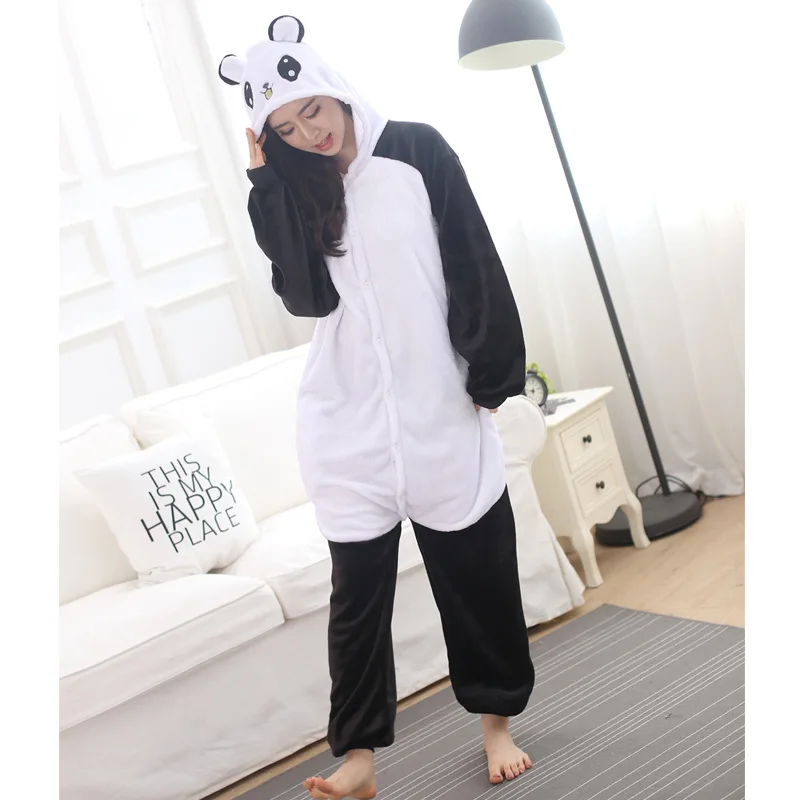 

С принтом в виде панды и Kigurumis Комбинезоны для женщин, пижамы, одежда для сна, фланелевые кнопки пижамный комплект с изображением забавных ми...