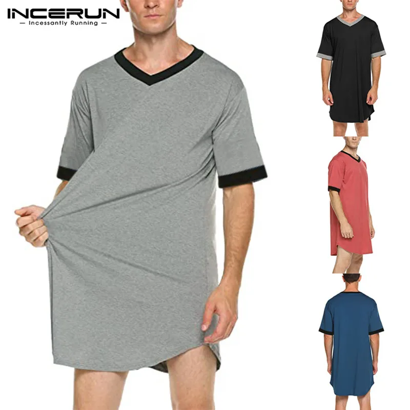 

INCERUN Men Sleep Robes Nightgown Short Sleeve V Neck Loose Homewear Comfortable Patchwork Mens Bathrobes Dressing Gown S-5XL