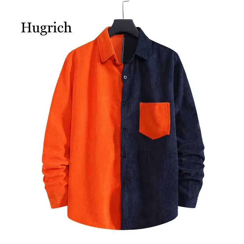 

2021 autumn men's shirt retro corduroy khaki gray coffee blue orange long-sleeved casual color matching men's clothing shirt