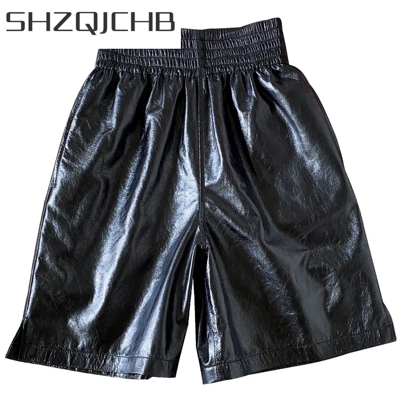 

JCHB 2021 High Street Knee Length Trousers Genuine Leather Wide Leg Shorts Women Real Sheepskin High Waist Elastic Loose Fit Bik
