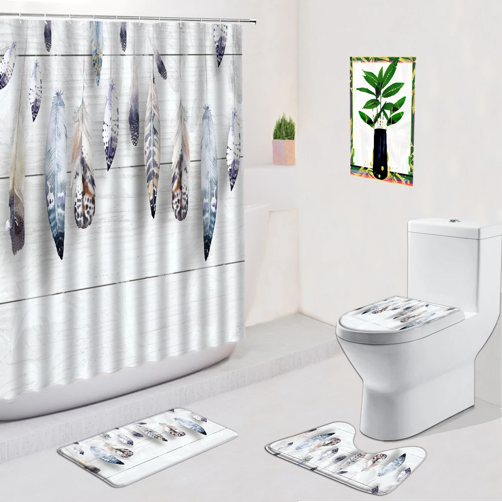 

Feather Waterproof Print Shower Curtain Modern Non-Slip Carpet Toilet Cover Foot Pad Doormat Bath Mats Set Bathroom Curtains