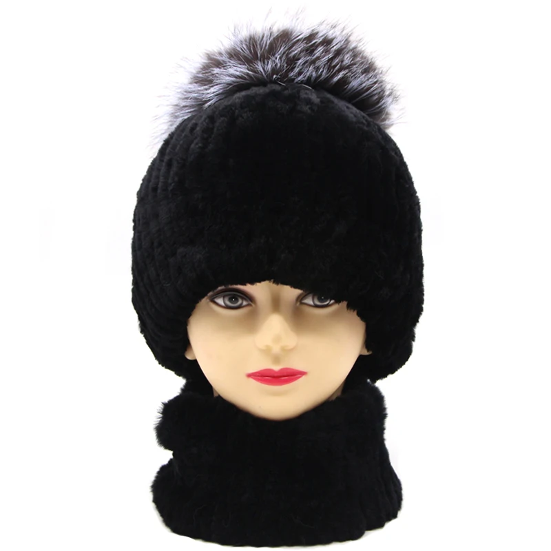 D Rex rabbit fur hat female winter fox fur ball thick warm knitted earmuff wool cap - Цвет: D