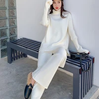 elegant womens pink knitted suit two piece set autumn winter solid turtleneck thick sweater wide leg pants female clothing sets