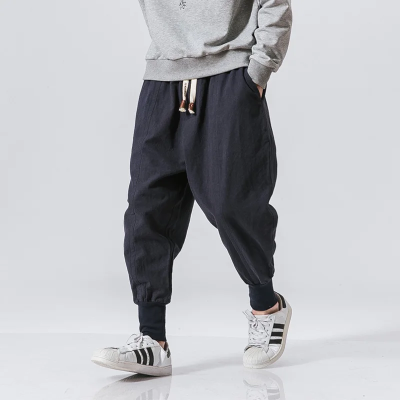 

Chinese Style Harem Pants Men Streetwear Casual Joggers Mens Pants Cotton Linen Sweatpants Ankle-length Men Trousers M-5XL