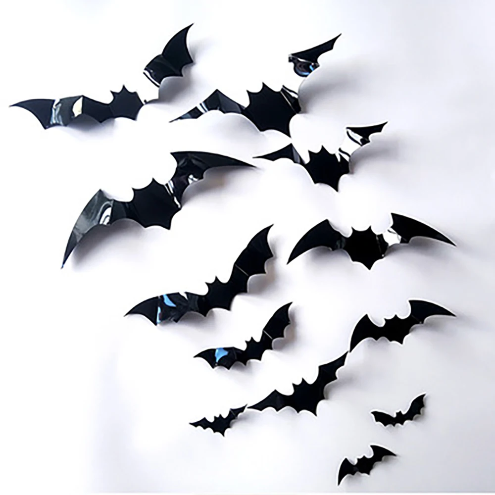 12Pcs 3D Black PVC Bat Halloween Decoration Horror Party DIY Decor Black Bar Room Party Holiday Scary Decos Props Wall Sticker