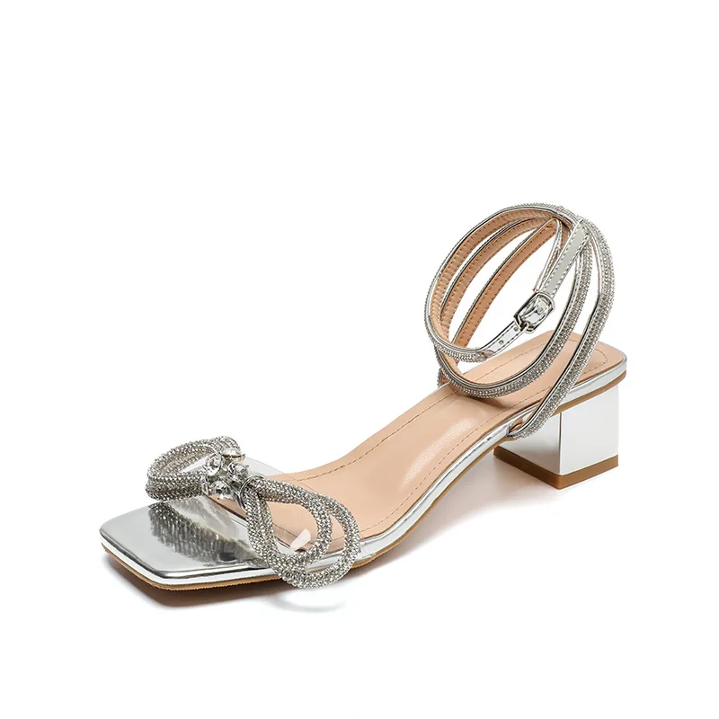 

women's shoes 2020 new style square hollow sandals bowknot diamond women's shoes