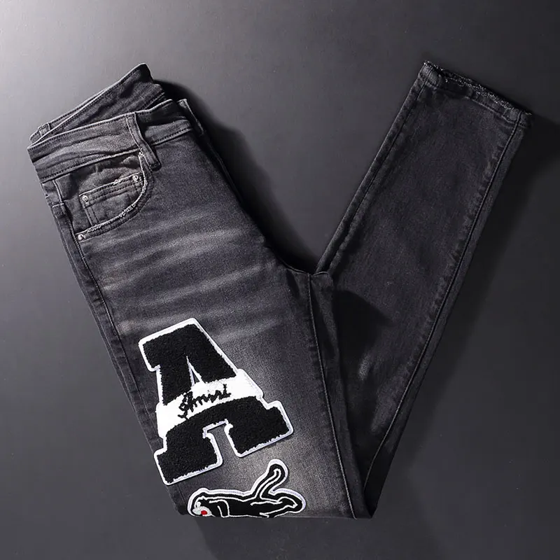 American Street Fashion Men Jeans Retro Black Gray Elastic Slim Fit Ripped Jeans Men Patches Designer Hip Hop Denim Pencil Pants