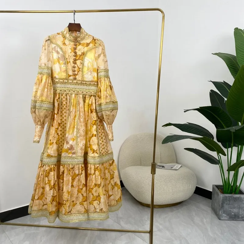 

Женское платье-трапеция до середины икры, платье с золотым цветочным принтом, высоким воротником и рукавами-фонариками, роскошное платье со...