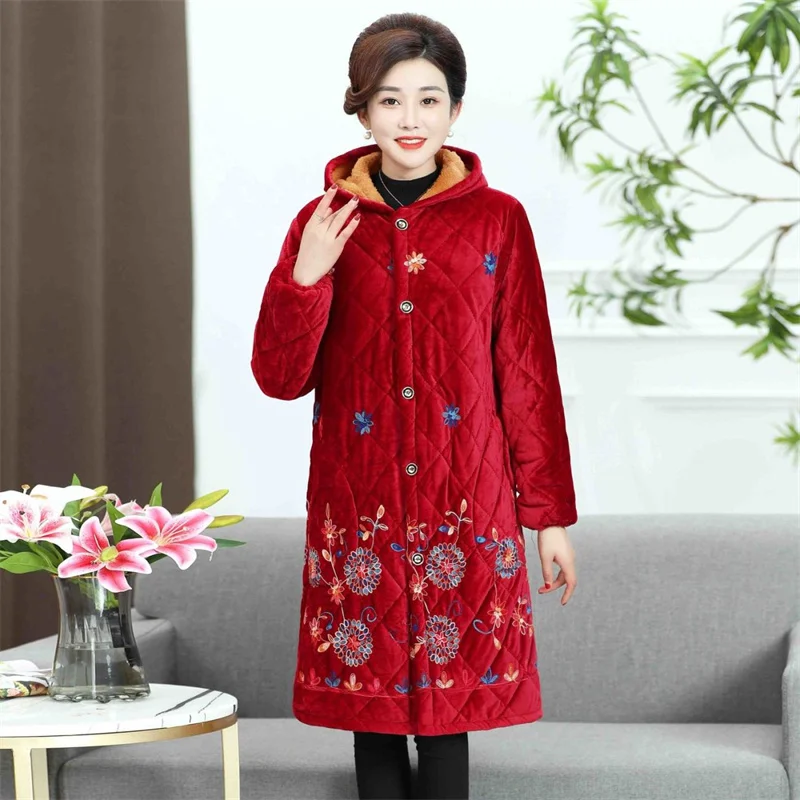 2022 Middle-aged Elderly Winter Three-layer Velvet Cotton Adult Overalls Female Mothers Loose Korean Mid-length Coats A665