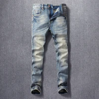 italian style fashion men jeans retro blue elastic slim fit ripped jeans men distressed wash vintage designer casual denim pants