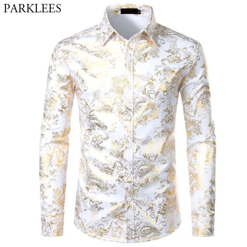 

Mens Gold Floral Shirts Shiny Slim Fit Bronzing Shirt Men Wedding Club Stage Prom Shirt Male Chemise Homme Camisas Masculina XXL