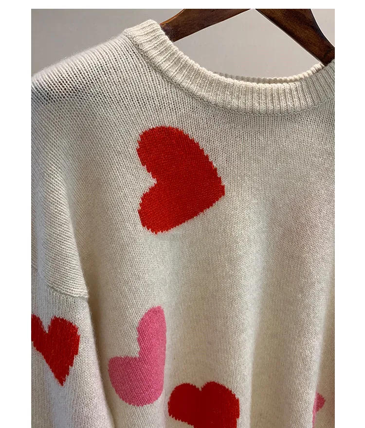 

Hearts Jacquard Women Knit Sweater O-neck Long Sleeve Jumper Knitwear Female Autumn Winte New Pullover Tops 2021