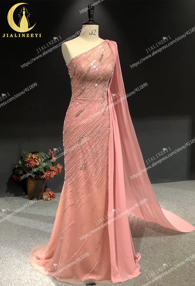 2021 Rhine real Pictures one shoulder pink mermaid beads luxurious sexy evening dress long formal dresses