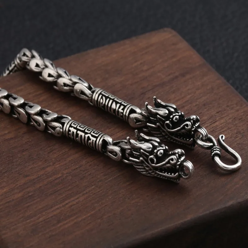 Мужской браслет из чистого серебра 100% пробы с тайским серебряным драконом|Гибкие