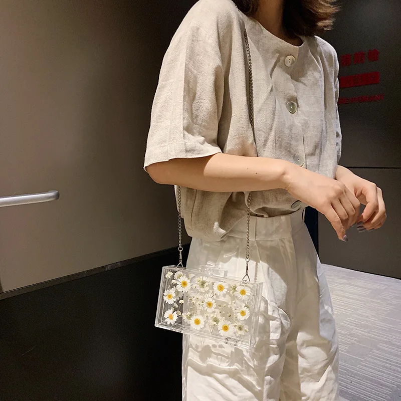 New summer small fresh transparent square bag fashion wild messenger flower print texture chain shoulder handbag | Багаж и сумки