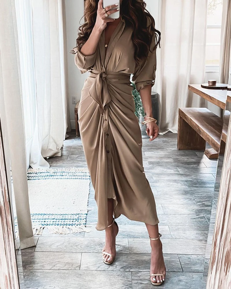 

2021 Summer Maxi Dress Women Long Sleeve Plain Slit Shirt Dress