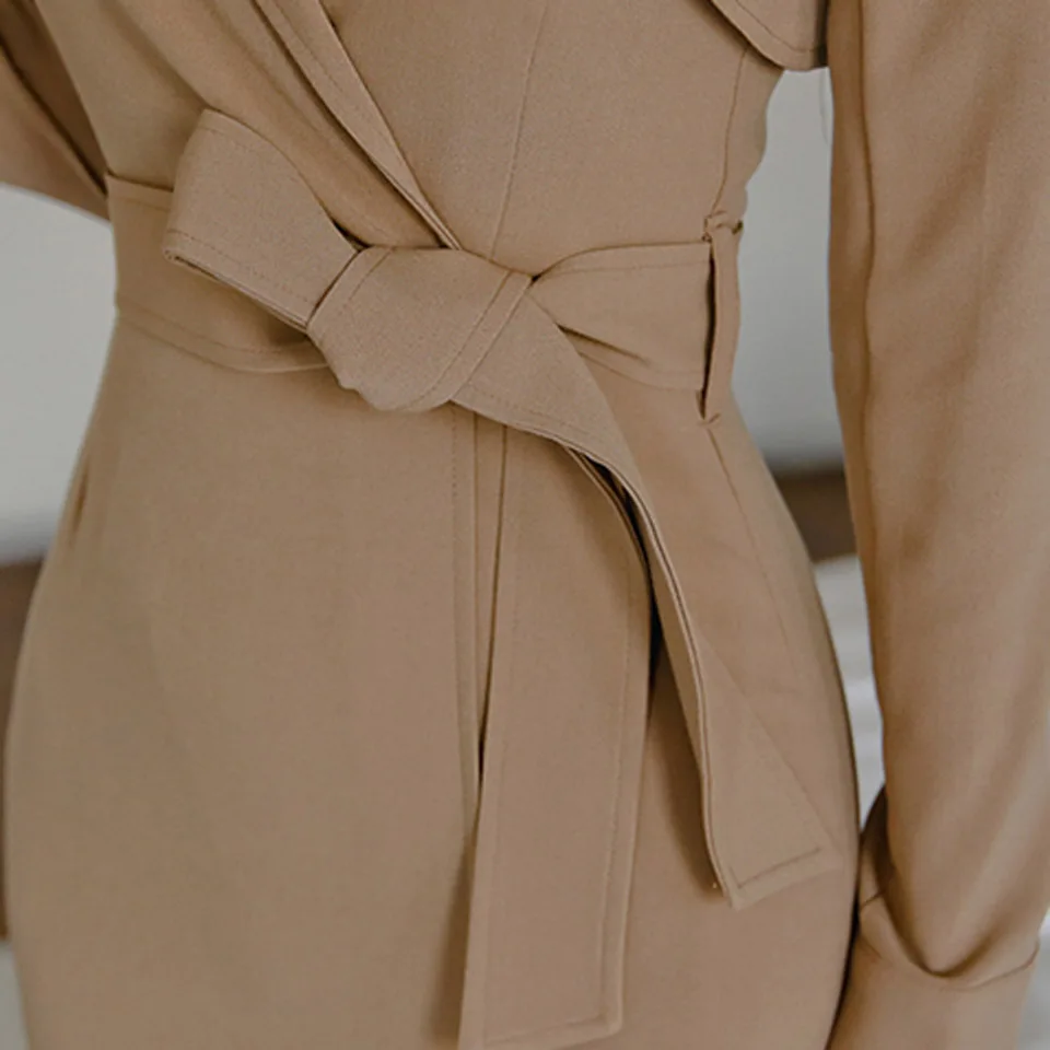 

Khaki Office Lady Dress 2019 Autumn Winter Warm High Waist Slim Temperament Decorative Belt Simple Elegant Party Dress Women