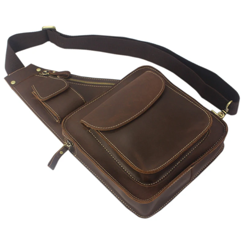 Vintage Crazy horse Genuine Leather men messenger bag Men Leather Shoulder bag crossbody bag Sling Casual Bag Chest pack Brown