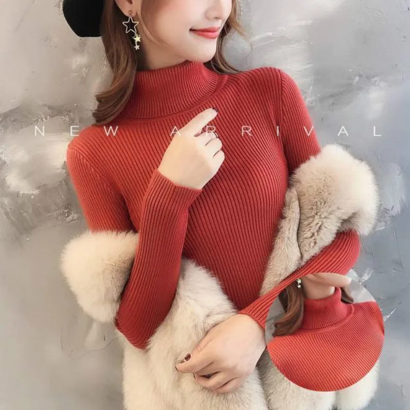 

Стрейчевые Женские однотонные свитера с высоким воротником, пуловеры, мягкая рубашка первоклассника с длинным рукавом, корейский облегающ...