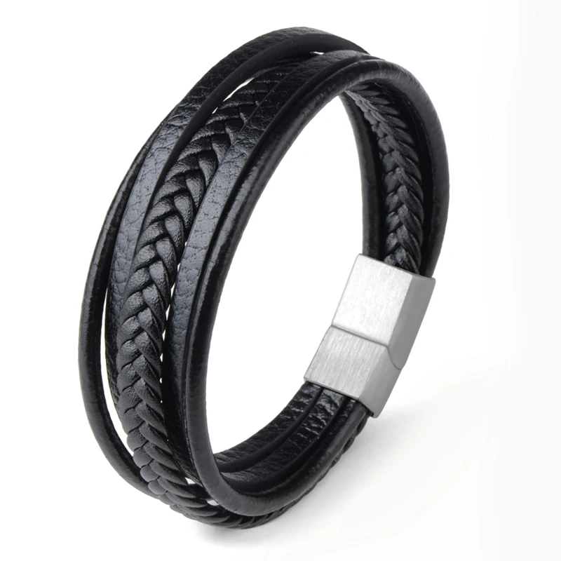Steel Black Плетеная натуральная кожа мужской браслет из нержавеющей стали Магнитная Пряжка браслет для мужчин мужские ювелирные изделия - Окраска металла: Steel Black