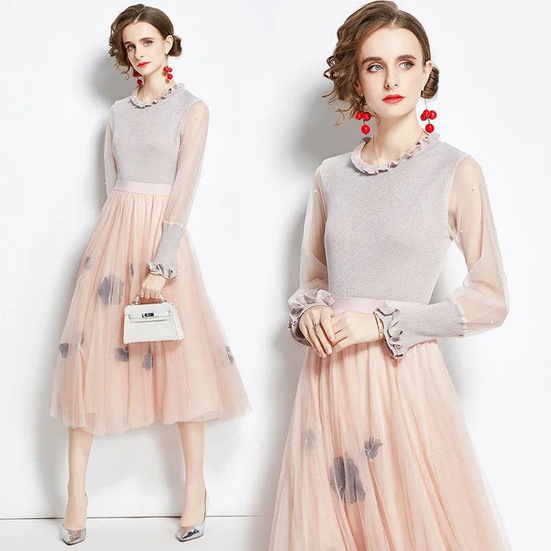 

Женский хлопковый офисный комплект с цветочным принтом, элегантный сетчатый комплект из двух предметов с круглым вырезом и эластичной талией, осень 2020