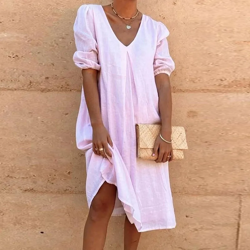 

Women Elegant V-neck Dress Solid Harajuku All-match Elastic Midi Sleeve Female Vestidos 2021 Summer Loose Dresses Plus Size 3XL