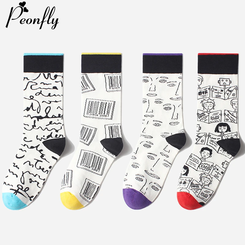 

PEONFLY Harajuku Skateboard Socks Women Funny Creative Abstract Art Line Pattern Calcetines Hip Hop Colorful Happy Socks