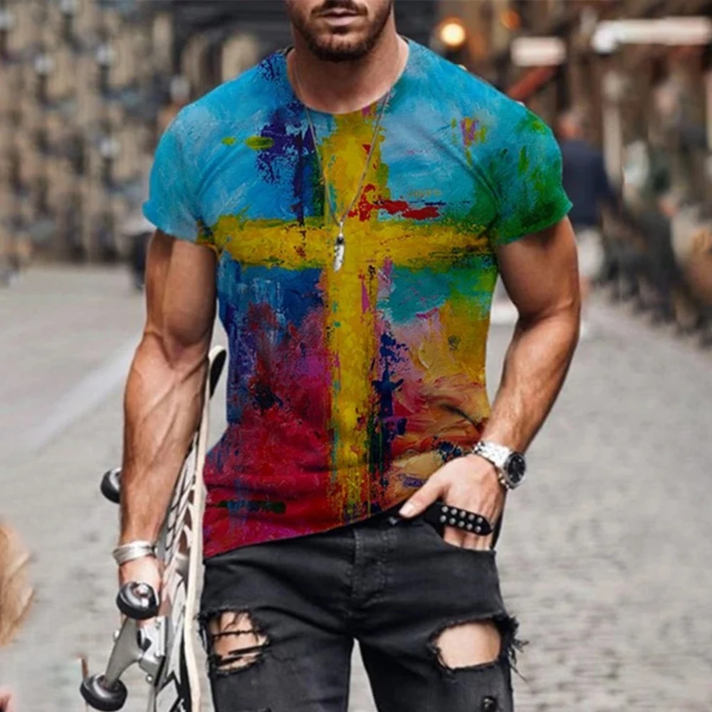 

2021 Men Summer New Fashion Harajuku Colorful Cross Printed O Collared T-shirts Men's Oversized Vintage Short Sleeve T Shirts
