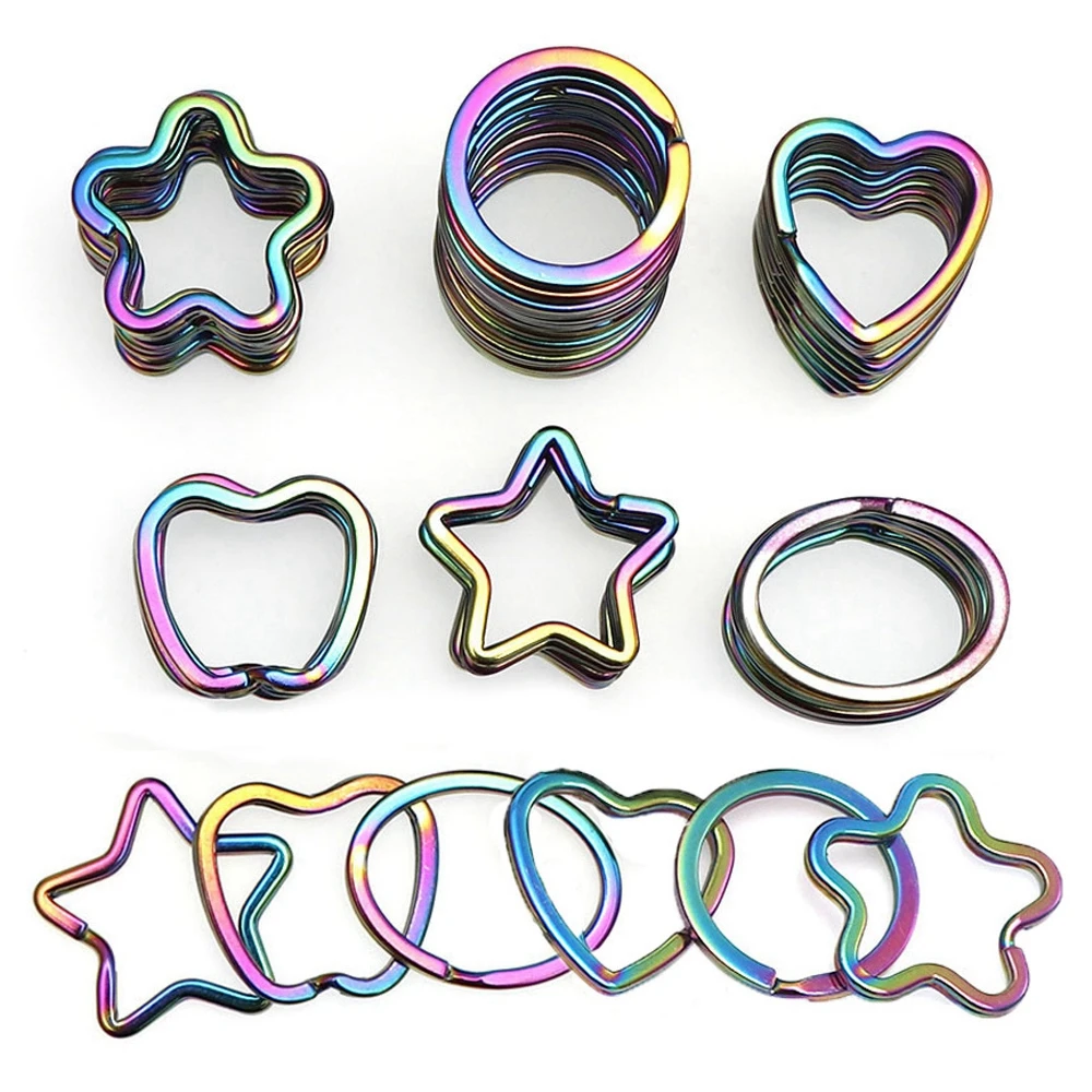 

10pcs Multi-styles Rainbow Split Ring Heart Star Keychains Metal Key Chain Ring Unisex Keyring Keyfob Accessories DIY