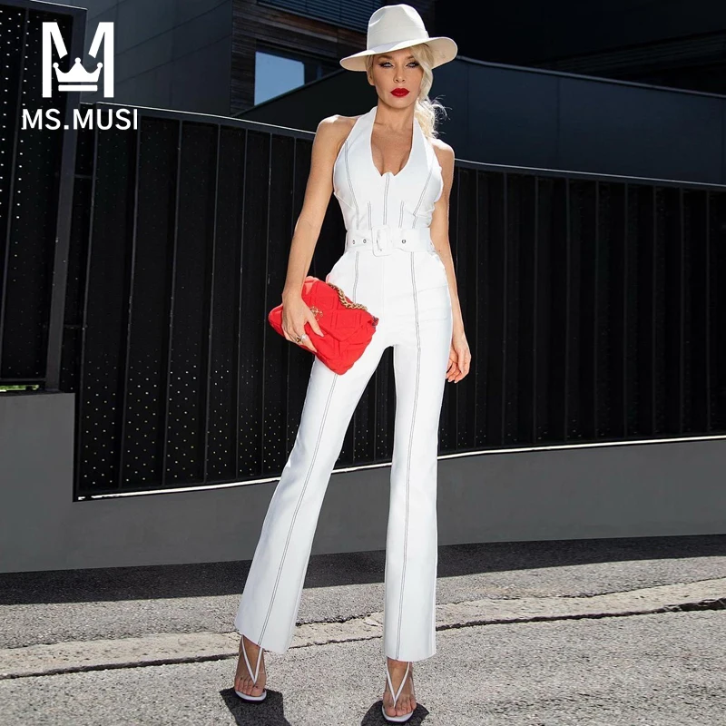 MSMUSI 2022 New Fashion Women Sexy Halter Stripe Sleeveless Backless Bandage Jumpsuit With Belt Party Club Bodycon Long Jumpsuit