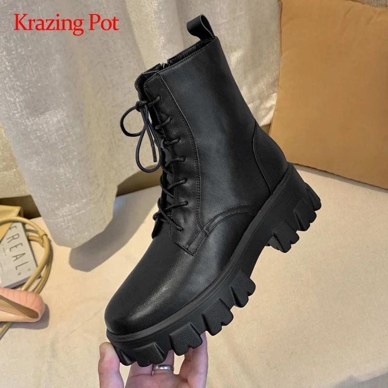 

Krazing pot motorcycle boots genuine leather platform convenient round toe thick high heel zipper coolest punk ankle boots L11